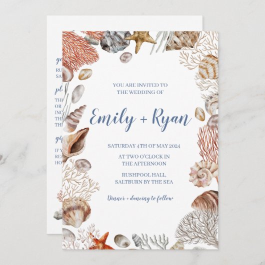 コースタルシーシェルコーラルビーチ結婚式招待状 招待状 (正面/裏面)