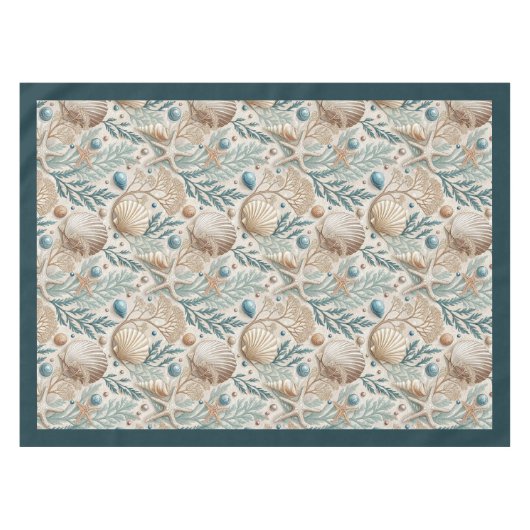 コースタルシーシェルズシースターズパステルグリーンアイボリー テーブルクロス (正面(横))