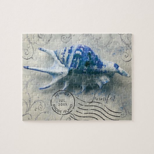 コースタルシーシェルモノグラム名インディゴブルー ジグソーパズル (横)