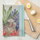 コースタルシーライフカニフィッシュサンゴ海ビーチブルー キッチンタオル (四つ折り)