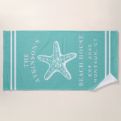 コースタルスタフィッシュビーチハウスファミリーネームティール（緑がかった色） ビーチタオル (正面)