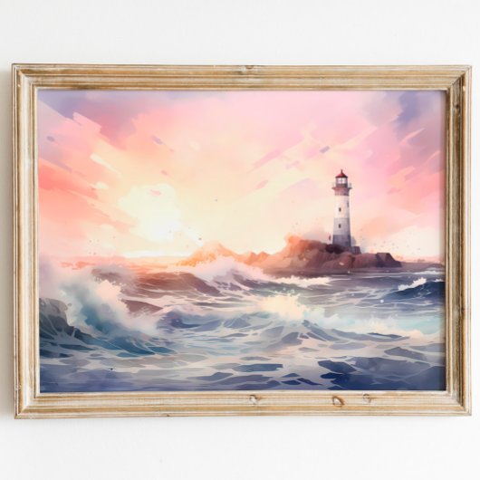 コースタルセレニティ:ライトハウスウォーターカラーアート ポスター