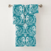 コースタルダマスクシーホースティール(緑がかった色)ブルーホワイトパターン バスタオルセット (インサイチュ)