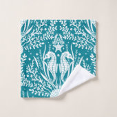 コースタルダマスクシーホースティール(緑がかった色)ブルーホワイトパターン バスタオルセット (ウォッシュタオル)