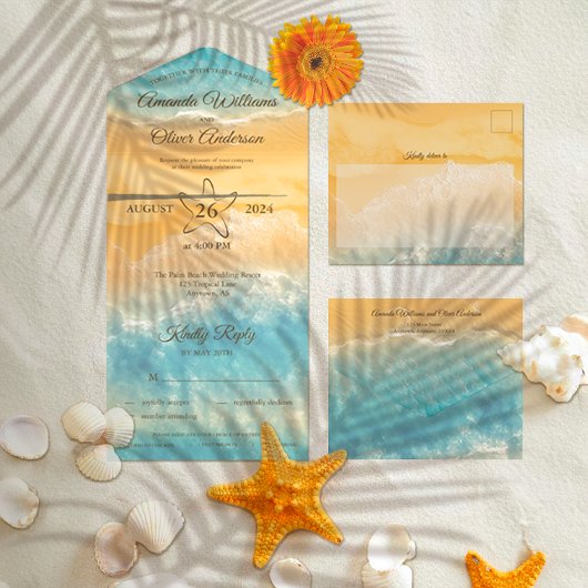 コースタルチックゴールデンサンドターコイズウォーター結婚ズ オールインワン招待状