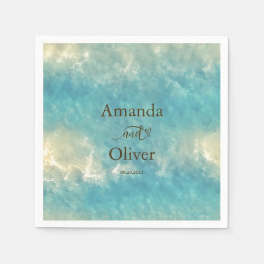 コースタルチックゴールデンサンドターコイズウォーター結婚ズ スタンダードカクテルナプキン (正面)