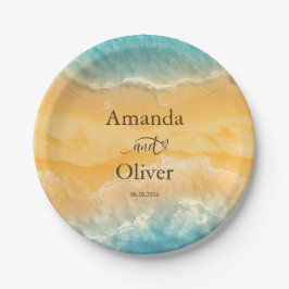 コースタルチックゴールデンサンドターコイズウォーター結婚ズ ペーパープレート