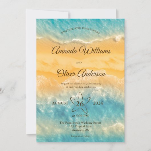 コースタルチックゴールデンサンドターコイズウォーター結婚ズ 招待状 (正面)