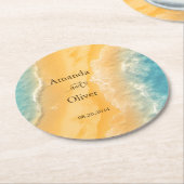 コースタルチックゴールデンサンドティール（緑がかった色）結婚ズウェルカム ラウンドペーパーコースター (アングル)