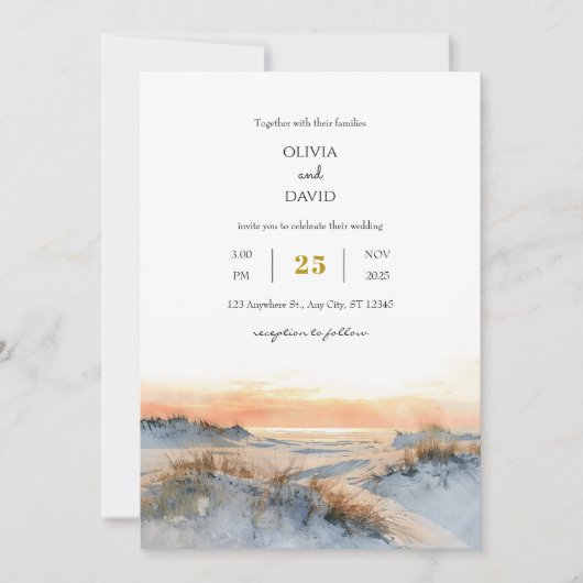 コースタルデューンズゴールデンサンセット夕べビーチ結婚式 招待状 (正面)