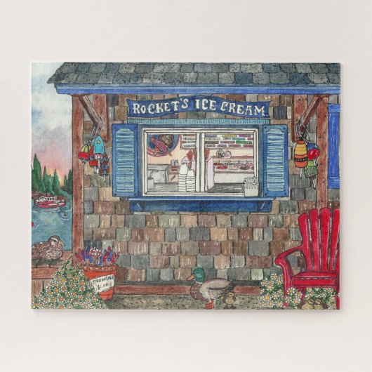 コースタルニューイングランドのアイスクリームショップの水彩 ジグソーパズル (横)