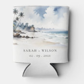 コースタルバリビーチパームツリーウォーターカラー結婚ズ 缶クーラー (正面)