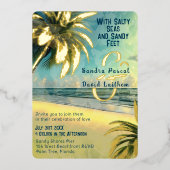 コースタルパームツリートロピカルハワイアンビーチ結婚式 箔招待状 (正面)