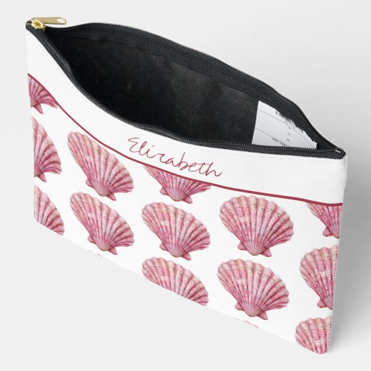 コースタルピンクシーシェルオンホワイトパーソナライズされた アクセサリーポーチ (見開き)