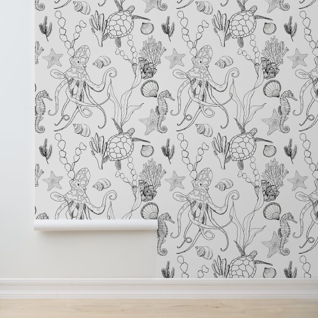 コースタルブラック&ホワイトリーネアートシーライフパターン 壁紙 (アプリケーション)