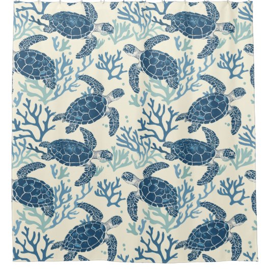コースタルブルーとクリームウミガメパーソナライズされた シャワーカーテン (正面)