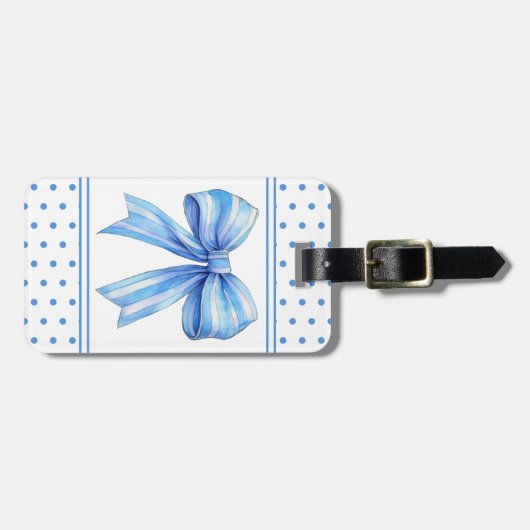 コースタルブルーとホワイトウォーターの色の弓パーソナライズされた ラゲッジタグ (正面横)