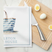 コースタルブルーとホワイトストライプビーチトート キッチンタオル (四つ折り)