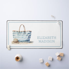 コースタルブルーとホワイトストライプビーチトート デスクマット