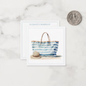 コースタルブルーとホワイトストライプビーチトート ノートカード (正面/裏面インサイチュ)
