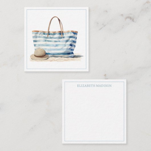 コースタルブルーとホワイトストライプビーチトート ノートカード (正面/裏面)