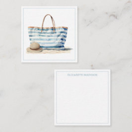 コースタルブルーとホワイトストライプビーチトート ノートカード