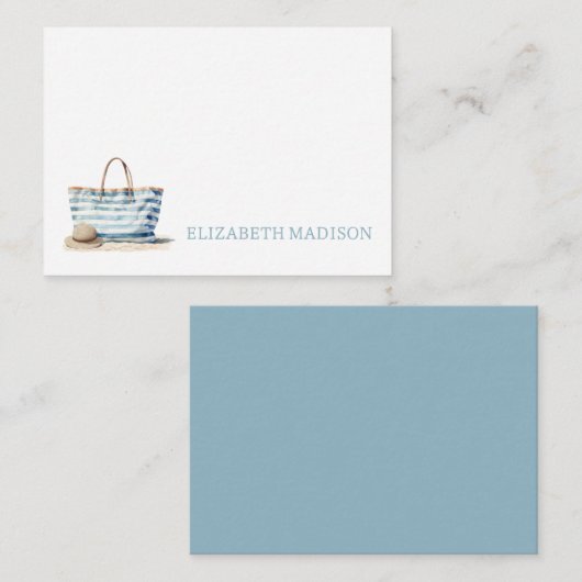 コースタルブルーとホワイトストライプビーチトート ノートカード (正面/裏面)