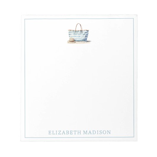 コースタルブルーとホワイトストライプビーチトート ノートパッド (正面)