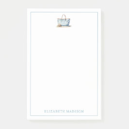 コースタルブルーとホワイトストライプビーチトート ポストイット