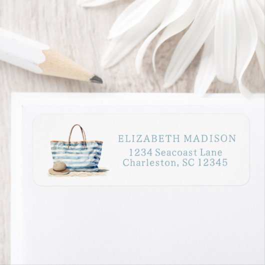 コースタルブルーとホワイトストライプビーチトート ラベル (インサイチュ)