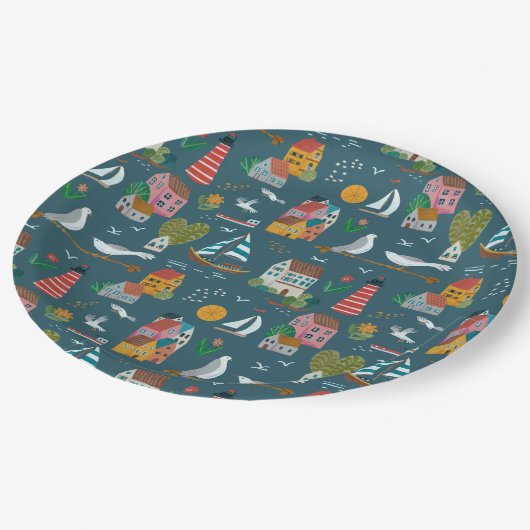 コースタルブルーのパターン男の子の赤ちゃんシャワーパーティー ペーパープレート (アングル)