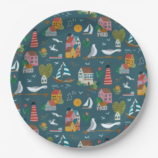 コースタルブルーのパターン男の子の赤ちゃんシャワーパーティー ペーパープレート (正面)