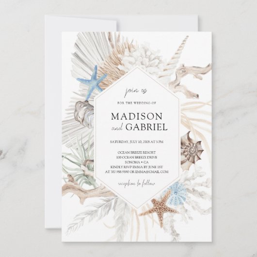 コースタルブルーウォーターカラーシーシェルズコーラル結婚ズ 招待状 (正面)