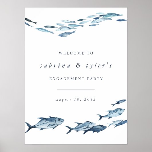 コースタルブルーウォーターカラーフィッシュイベントウェルカムサイン ポスター (正面)