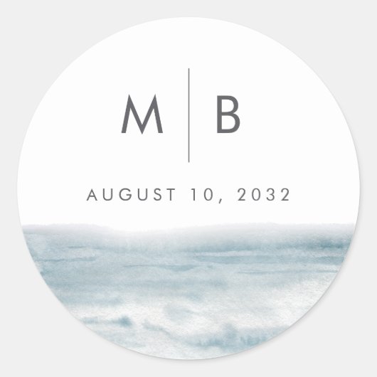 コースタルブルーウォーターカラーモノグラム結婚式の引き出物 ラウンドシール (正面)