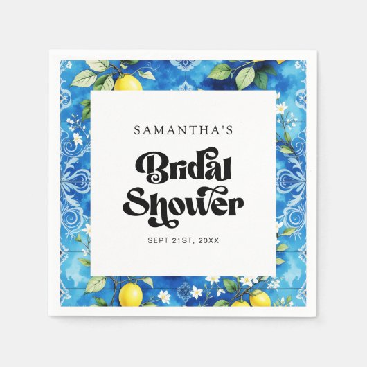 コースタルブルーウォーターカラーレモンシトラスブライダルシャワー スタンダードカクテルナプキン (正面)