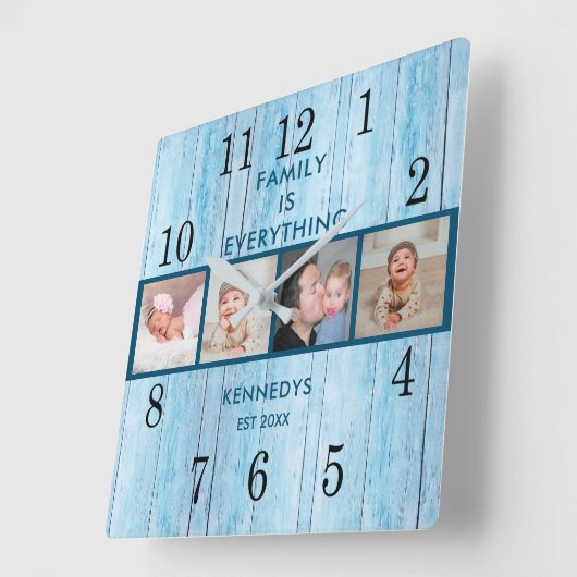 コースタルブルーウッド4フォトコラージュファミリー引用文 スクエア壁時計 (傾斜)
