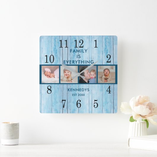 コースタルブルーウッド4フォトコラージュファミリー引用文 スクエア壁時計 (ホーム)