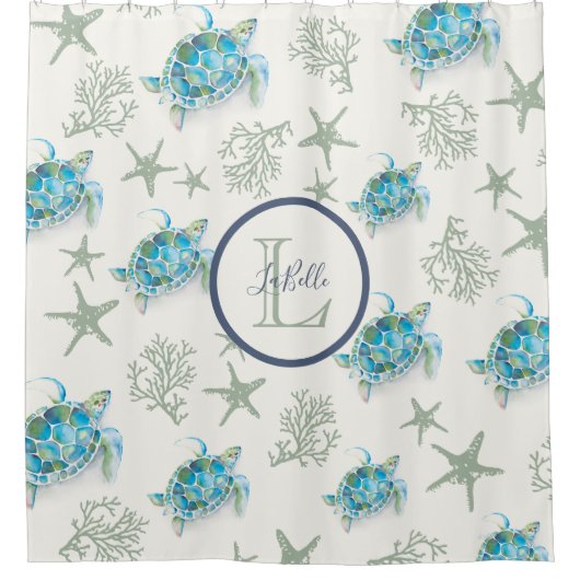 コースタルブルーグリーンウォーターカラーシータートルモノグラム シャワーカーテン (正面)