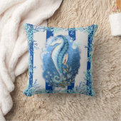 コースタルブルーシーホース装飾用クッション クッション (ブランケット)