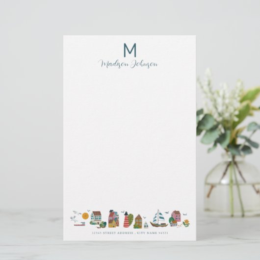 コースタルブルーベビーシャワーパーティーモノグラム 便箋 (スタンド正面)