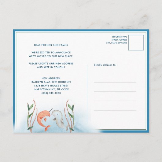 コースタルブルーホエー航海のル新しい住所の移動 案内ポストカード (裏面)