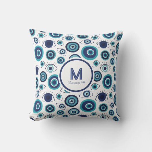 コースタルブルーホワイトギリシャ悪い目ビーチハウス クッション (正面)