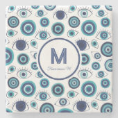 コースタルブルーホワイトギリシャ悪い目ビーチハウス ストーンコースター (正面)