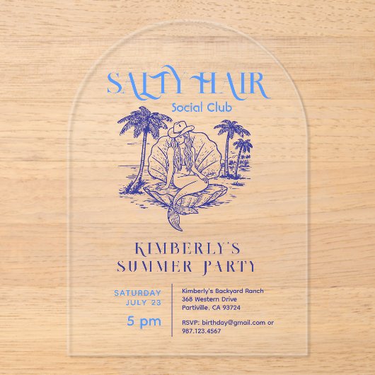 コースタルブルーマーメイド女性のカーボーイサマーパーティー アクリル招待状 (正面)