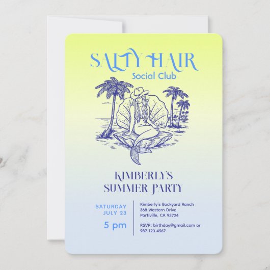 コースタルブルーマーメイド女性のカーボーイサマーパーティー 招待状 (正面)