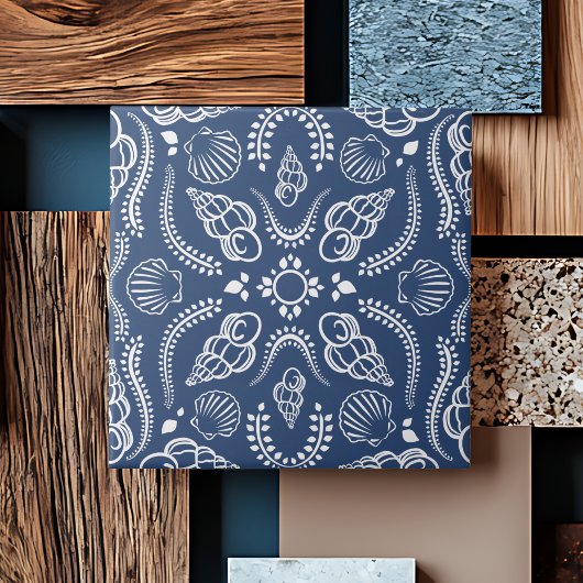 コースタルブルー&ホワイトシーシェルパタモダンーン タイル