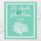 コースタルホワイトシーコーラル&シーガラスグリーン結婚ズ ワインラベル (シングルラベル)