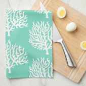 コースタルホワイトシーコーラル&シーガラスグリーン キッチンタオル (四つ折り)