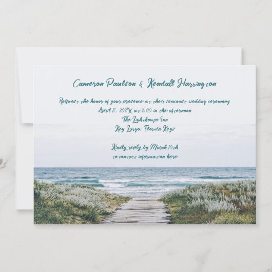 コースタルボードウォーク手書きクイル結婚ペン 招待状 (正面)